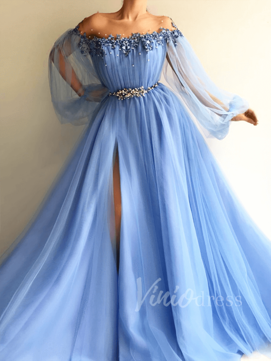 Long Sleeve Dusty Blue Prom Dresses ...